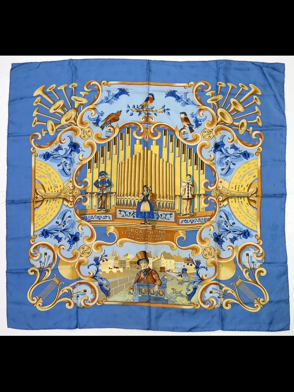 Hermes Blue and Gold Organ-Themed Silk Scarf - Picture 1 of 12